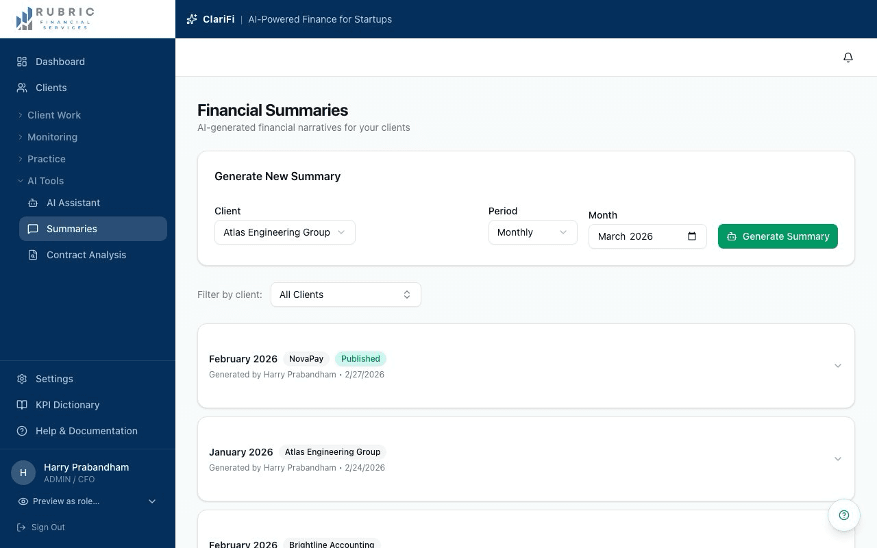 AI-generated financial summaries — generate monthly narratives for any client with one click